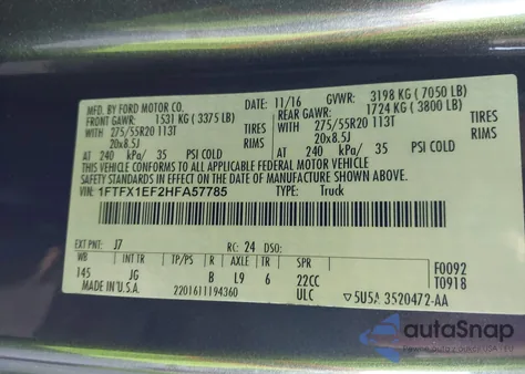 2017 Ford F-150 Xl z USA, uszkodzony, nr VIN 1FTFX1EF2HFA57785